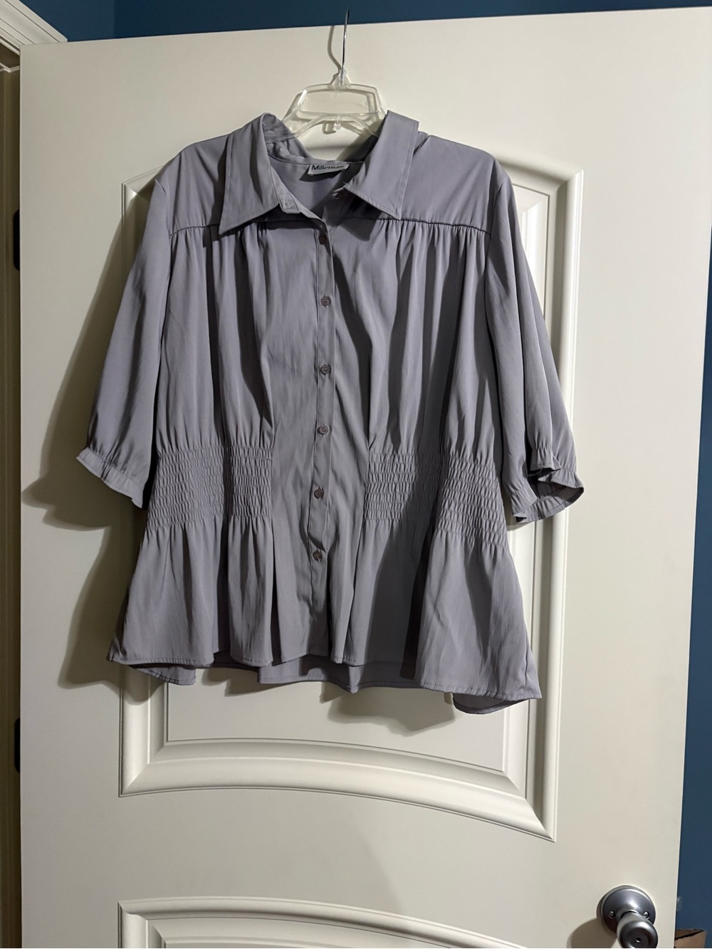 Smocked Waist Button-Down Blouse - Lavender Gray